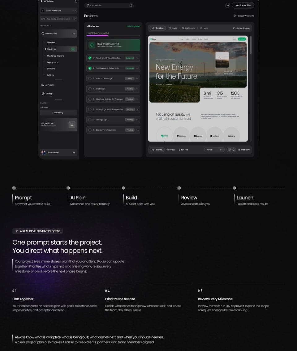 Sent Studio interface showing a milestone plan beside a live website preview